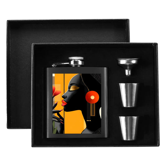 Elegant Silhouettes: A Tribute to Timeless Beauty - Hip Flask Set 7oz Black Stainless Steel with A Gift Box - #2015