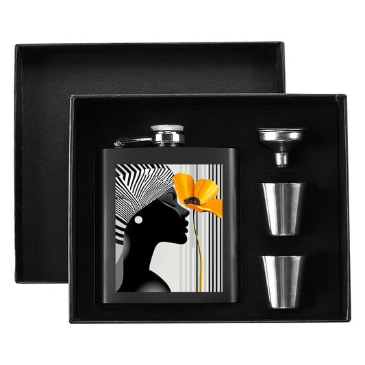 Elegant Silhouettes: A Tribute to Timeless Beauty - Hip Flask Set 7oz Black Stainless Steel with A Gift Box - #2014