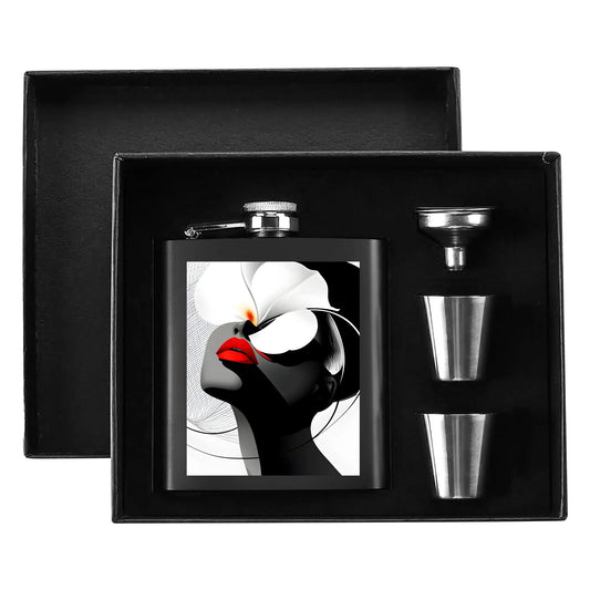 Elegant Silhouettes: A Tribute to Timeless Beauty - Hip Flask Set 7oz Black Stainless Steel with A Gift Box - #2012