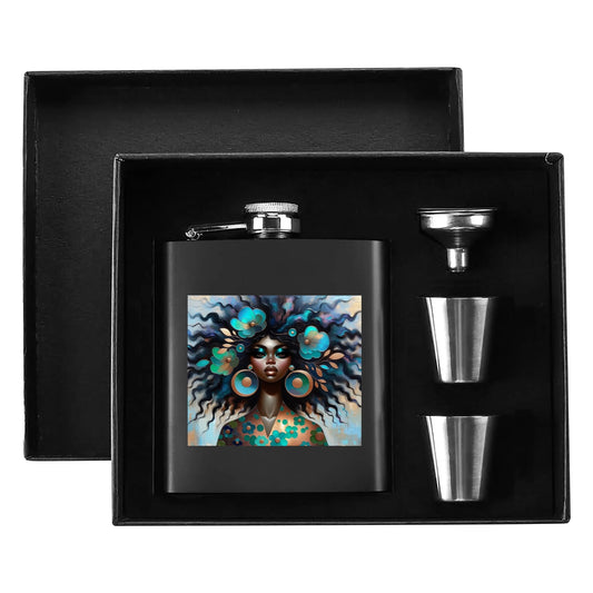 Bold & Beautiful: Afrocentric Digital Art Collection - - Hip Flask Set 7oz Black Stainless Steel with A Gift Box - #2013