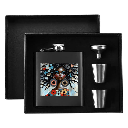 Bold & Beautiful: Afrocentric Digital Art Collection - - Hip Flask Set 7oz Black Stainless Steel with A Gift Box - #2012