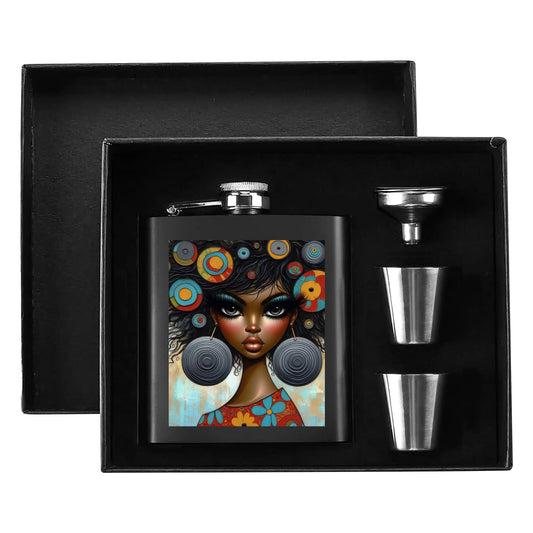 Bold & Beautiful: Afrocentric Digital Art Collection - - Hip Flask Set 7oz Black Stainless Steel with A Gift Box - #2011