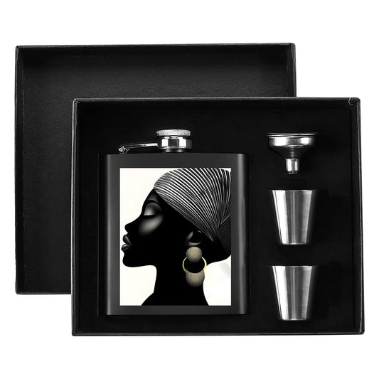 Elegant Silhouettes: A Tribute to Timeless Beauty - Hip Flask Set 7oz Black Stainless Steel with A Gift Box - #2016