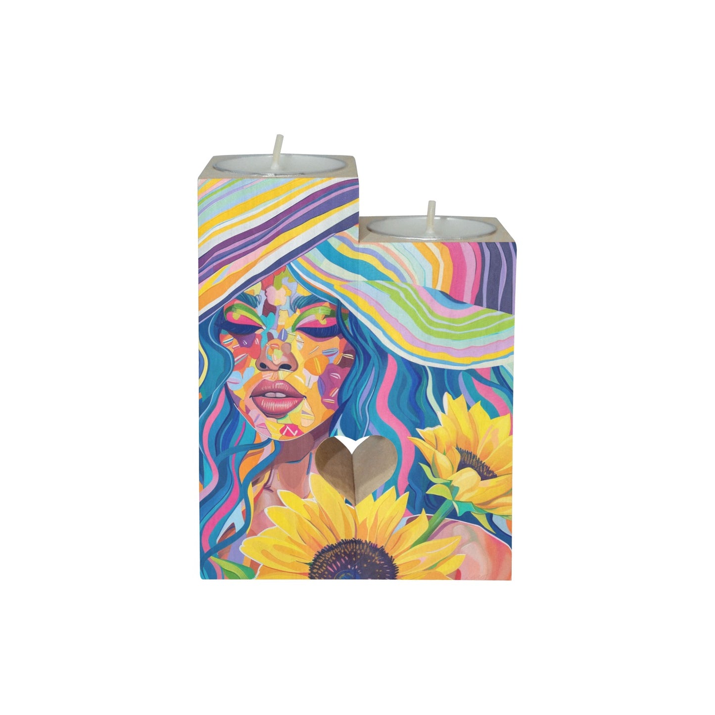 Sunflower Dreams: A Vibrant Digital Art Collection - Wooden Candle Holder (Without Candle) #2015