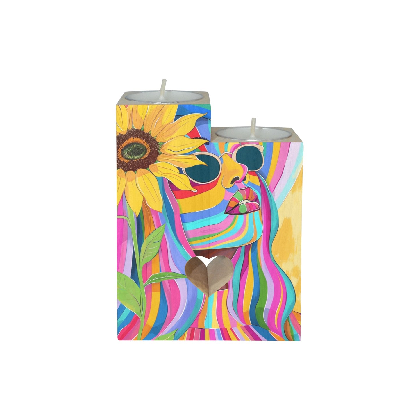 Sunflower Dreams: A Vibrant Digital Art Collection - Wooden Candle Holder (Without Candle) #2012