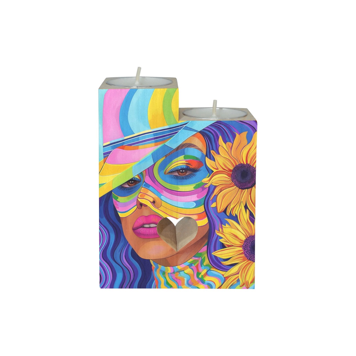 Sunflower Dreams: A Vibrant Digital Art Collection - Wooden Candle Holder (Without Candle) #2015