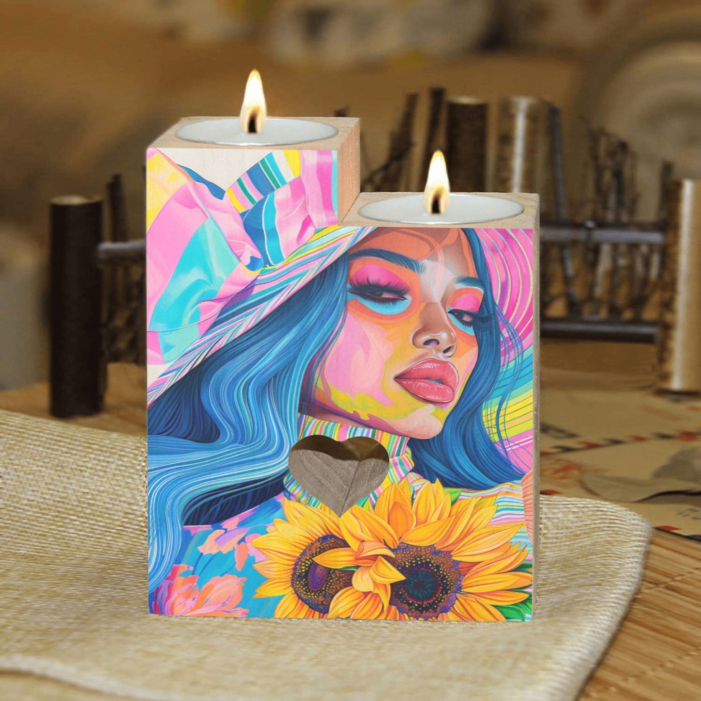 Sunflower Dreams: A Vibrant Digital Art Collection - Wooden Candle Holder (Without Candle) #2013