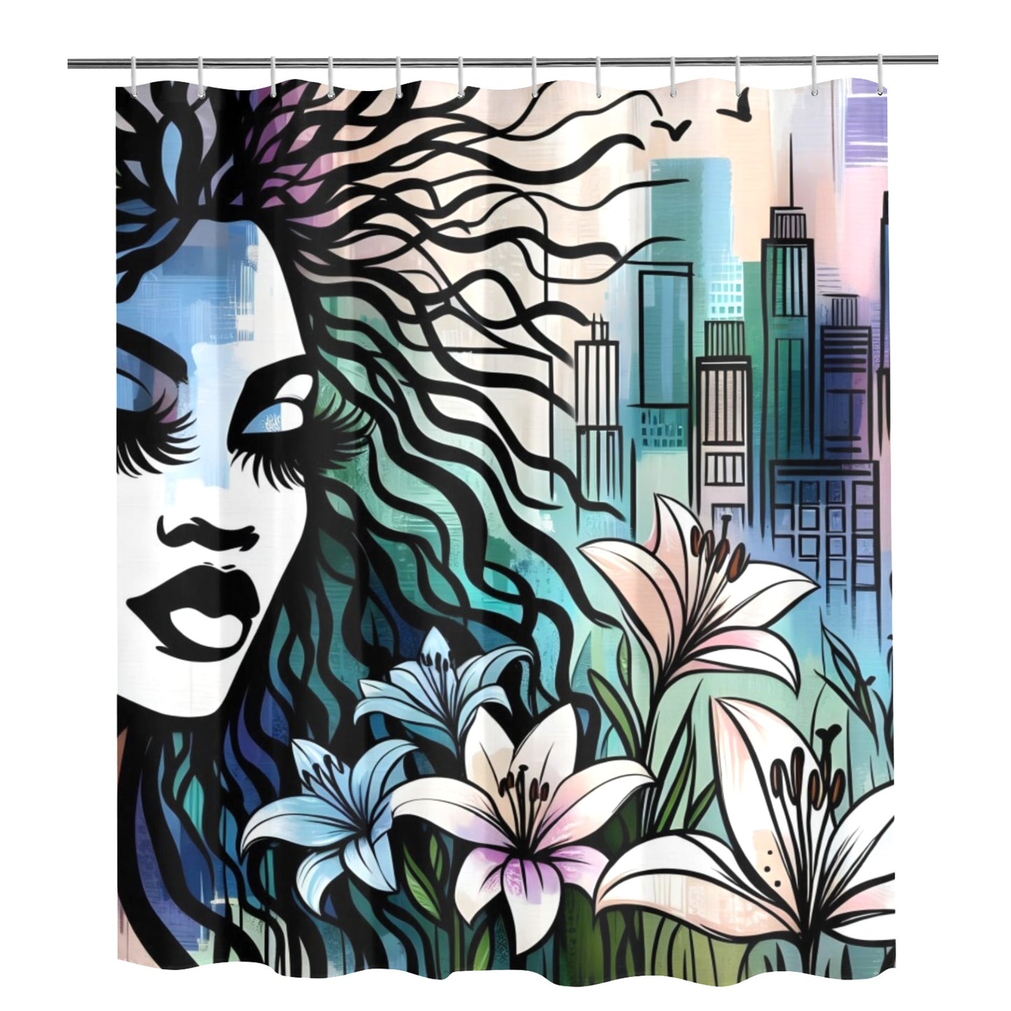 Urban Blossoms: Vibrant Cityscapes and Floral Dreams Collection - Shower Curtain 72"x84" - #2012