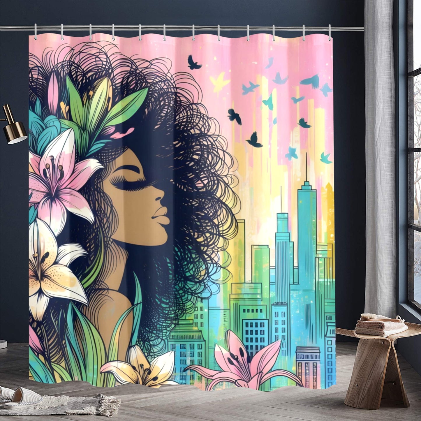 Urban Blossoms: Vibrant Cityscapes and Floral Dreams Collection - Shower Curtain 72"x84" - #2014