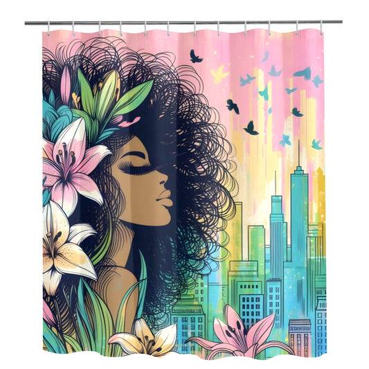 Urban Blossoms: Vibrant Cityscapes and Floral Dreams Collection - Shower Curtain 72"x84" - #2014