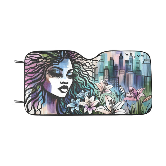 Urban Blossoms: Vibrant Cityscapes and Floral Dreams – Collection - Car Sun Shade 55"x30" - #2012