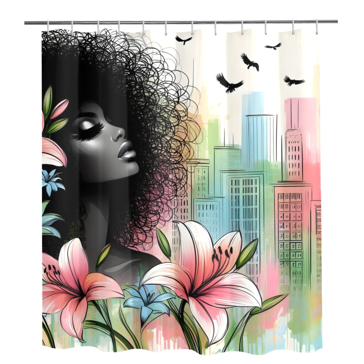 Urban Blossoms: Vibrant Cityscapes and Floral Dreams Collection -  Shower Curtain 72"x84" - #2011