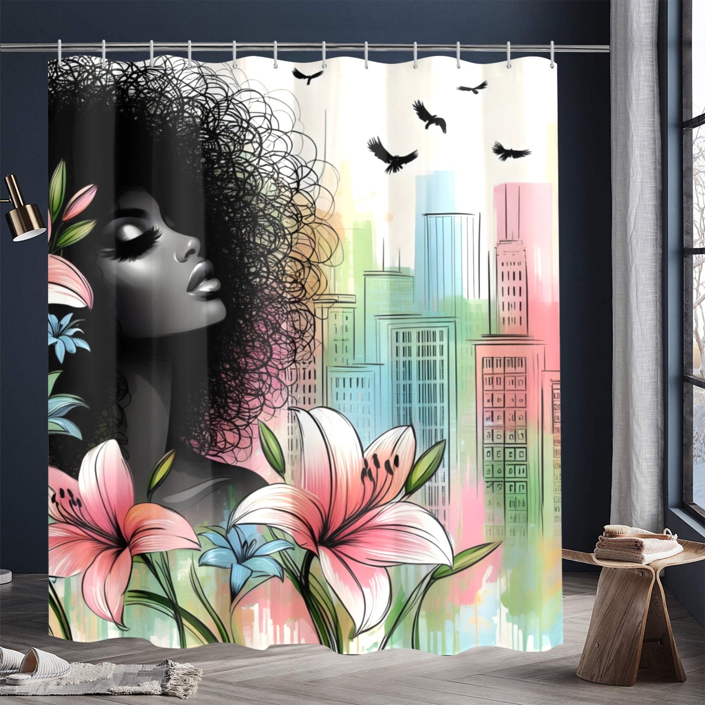 Urban Blossoms: Vibrant Cityscapes and Floral Dreams Collection -  Shower Curtain 72"x84" - #2011