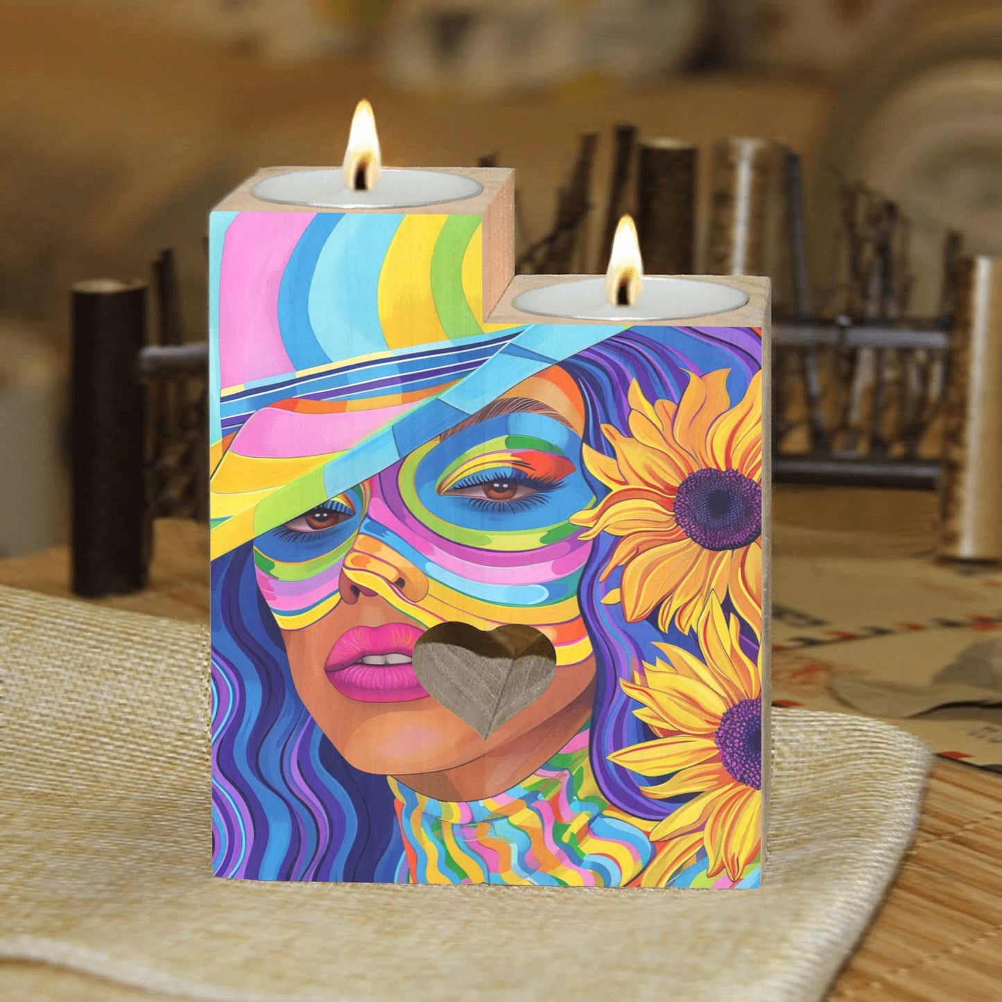 Sunflower Dreams: A Vibrant Digital Art Collection - Wooden Candle Holder (Without Candle) #2015