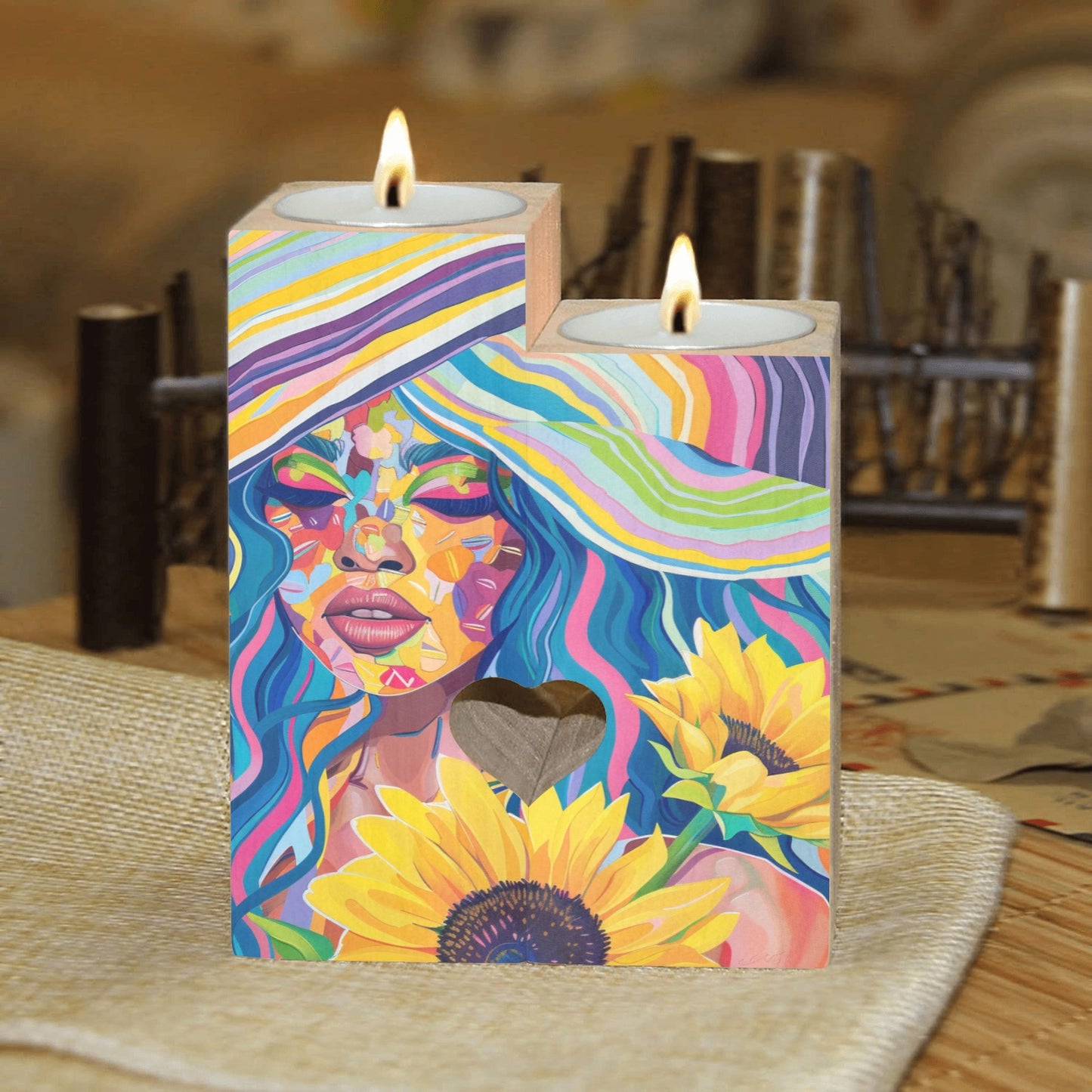 Sunflower Dreams: A Vibrant Digital Art Collection - Wooden Candle Holder (Without Candle) #2015