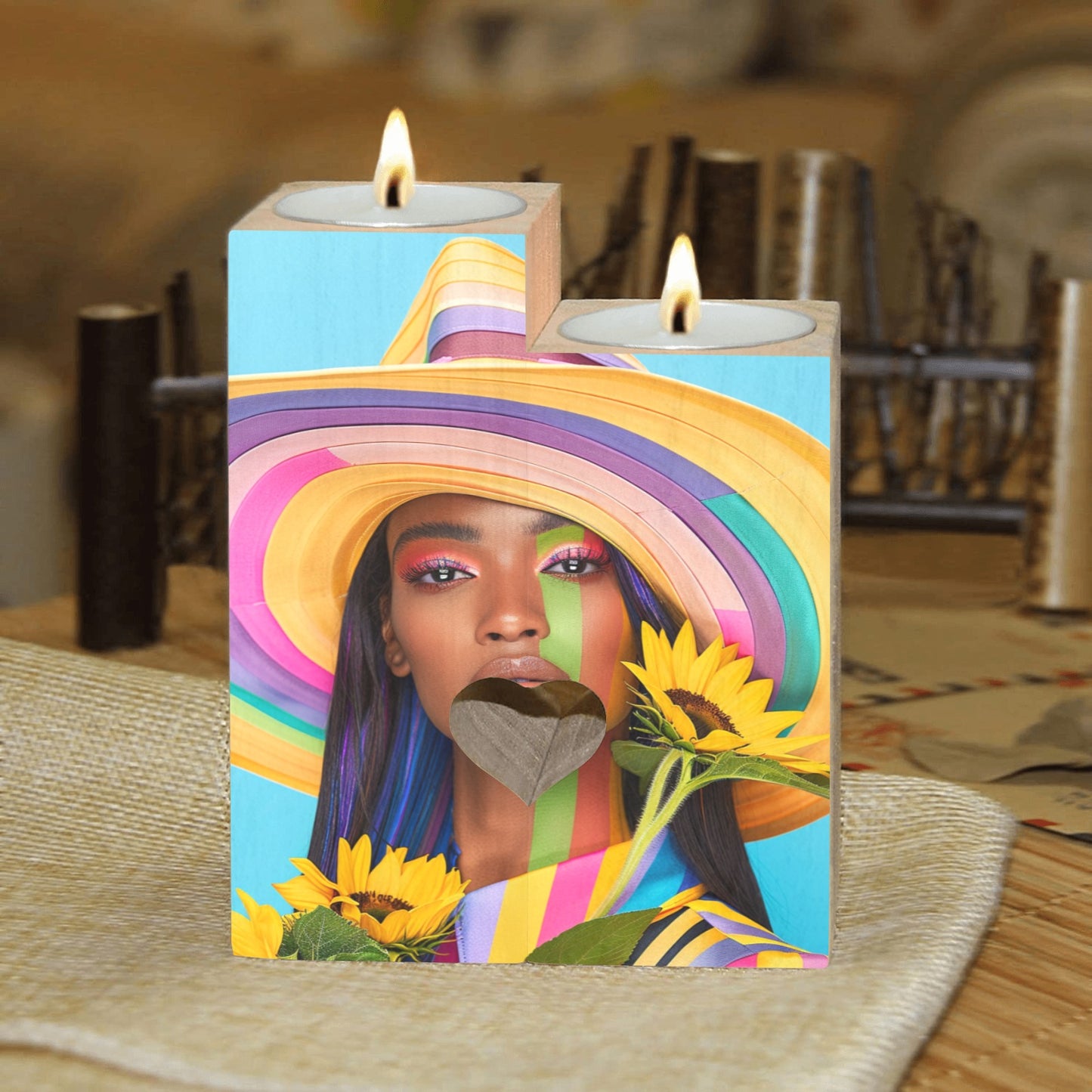 Sunflower Dreams: A Vibrant Digital Art Collection - Wooden Candle Holder (Without Candle) #2014