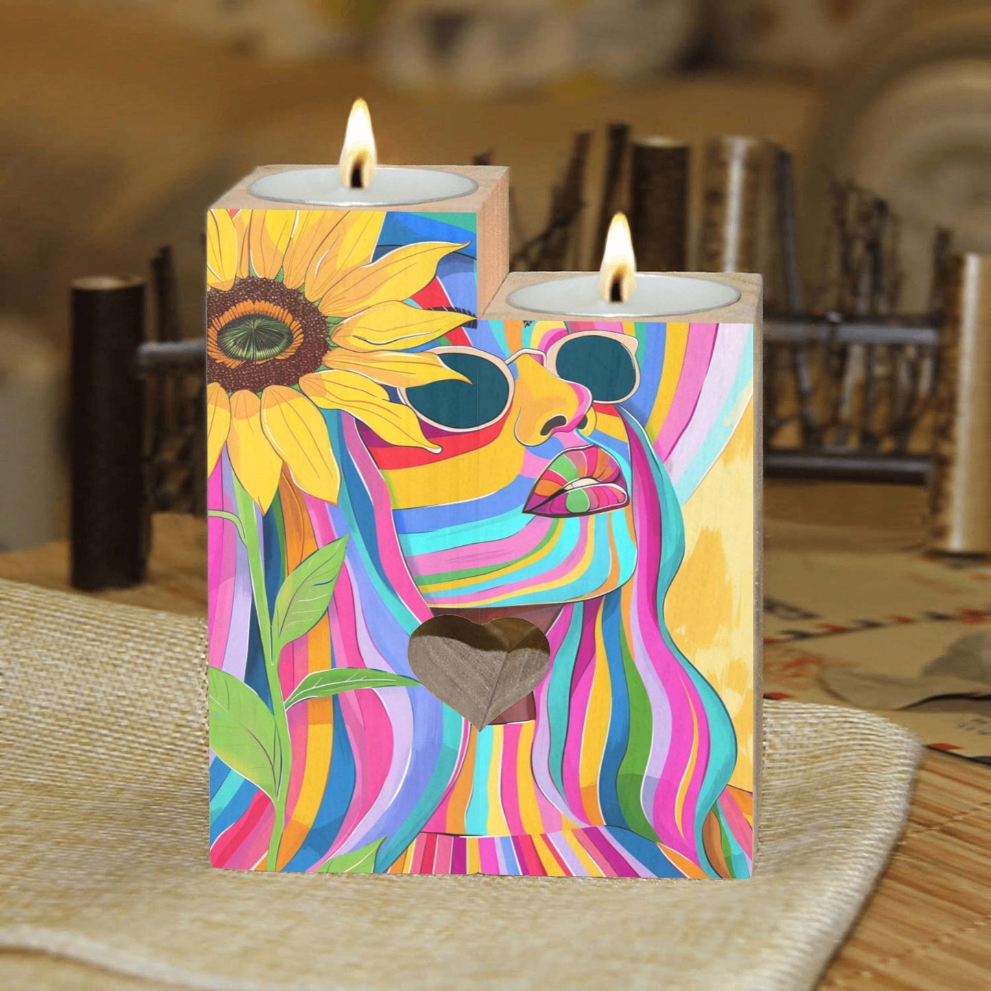 Sunflower Dreams: A Vibrant Digital Art Collection - Wooden Candle Holder (Without Candle) #2012