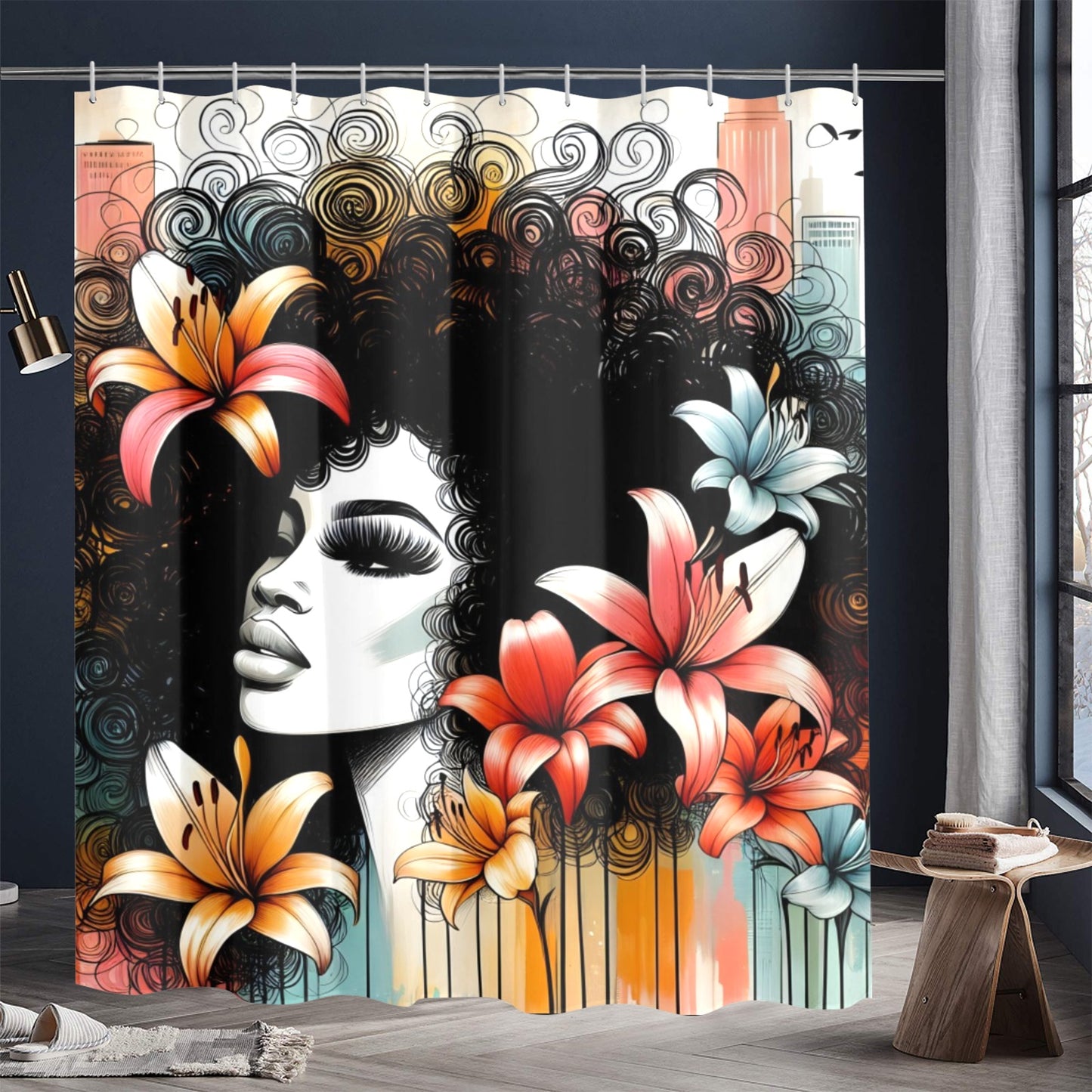 Urban Blossoms: Vibrant Cityscapes and Floral Dreams Collection - Shower Curtain 72"x84" - #2013